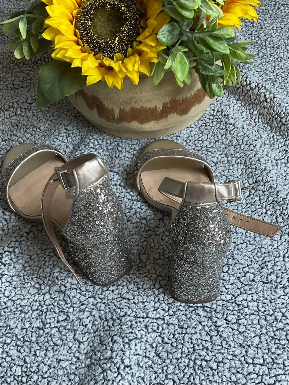 Gianni Bini Champagne Glitter Block Heel Sandals